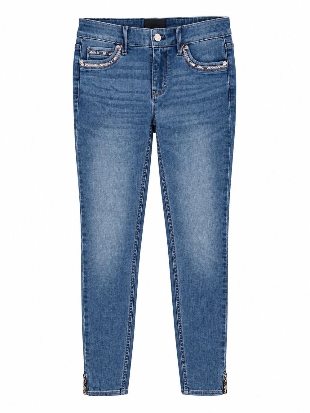 Blue Women's Skinny Jeans with Decorative Pocket Trim
Mid-rise skinny ankle